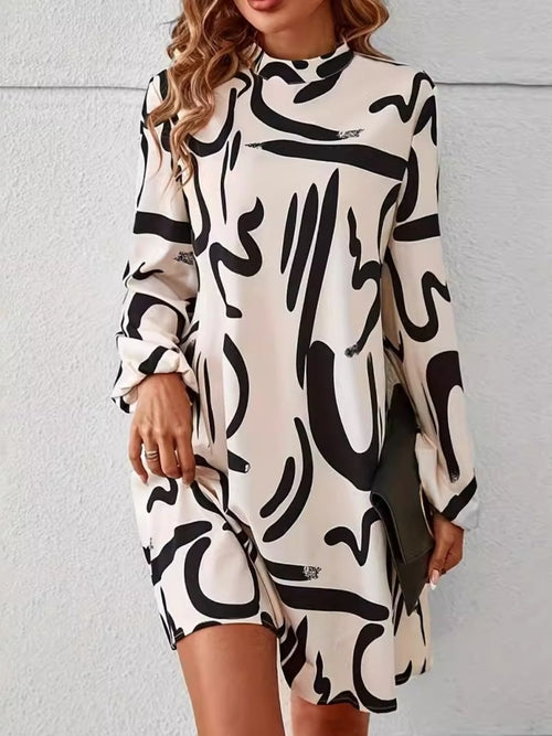 Printed Mock Neck Long Sleeve Mini Dress